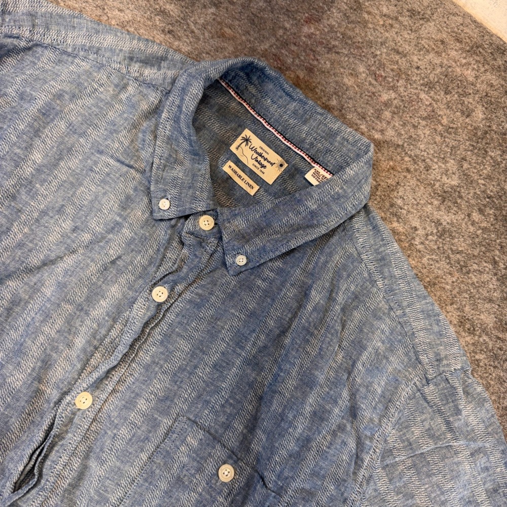 Weatherproof‎ Vintage Mens XXL Blue White Striped Washable Linen Cotton Shirt